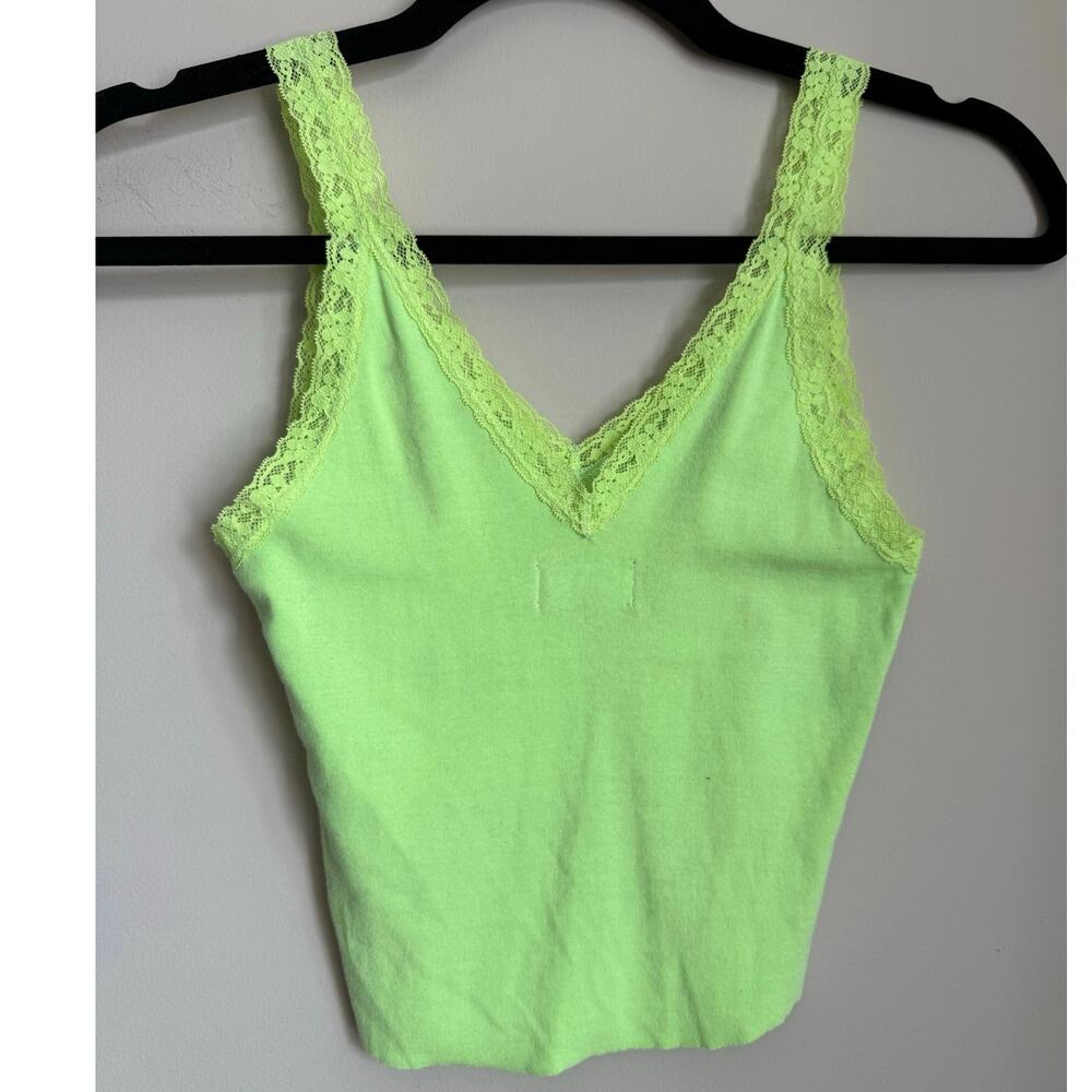 Hollister Neon Green Lace Trim Micro‎ Cropped Tank Top Size XS Festival Y2K
